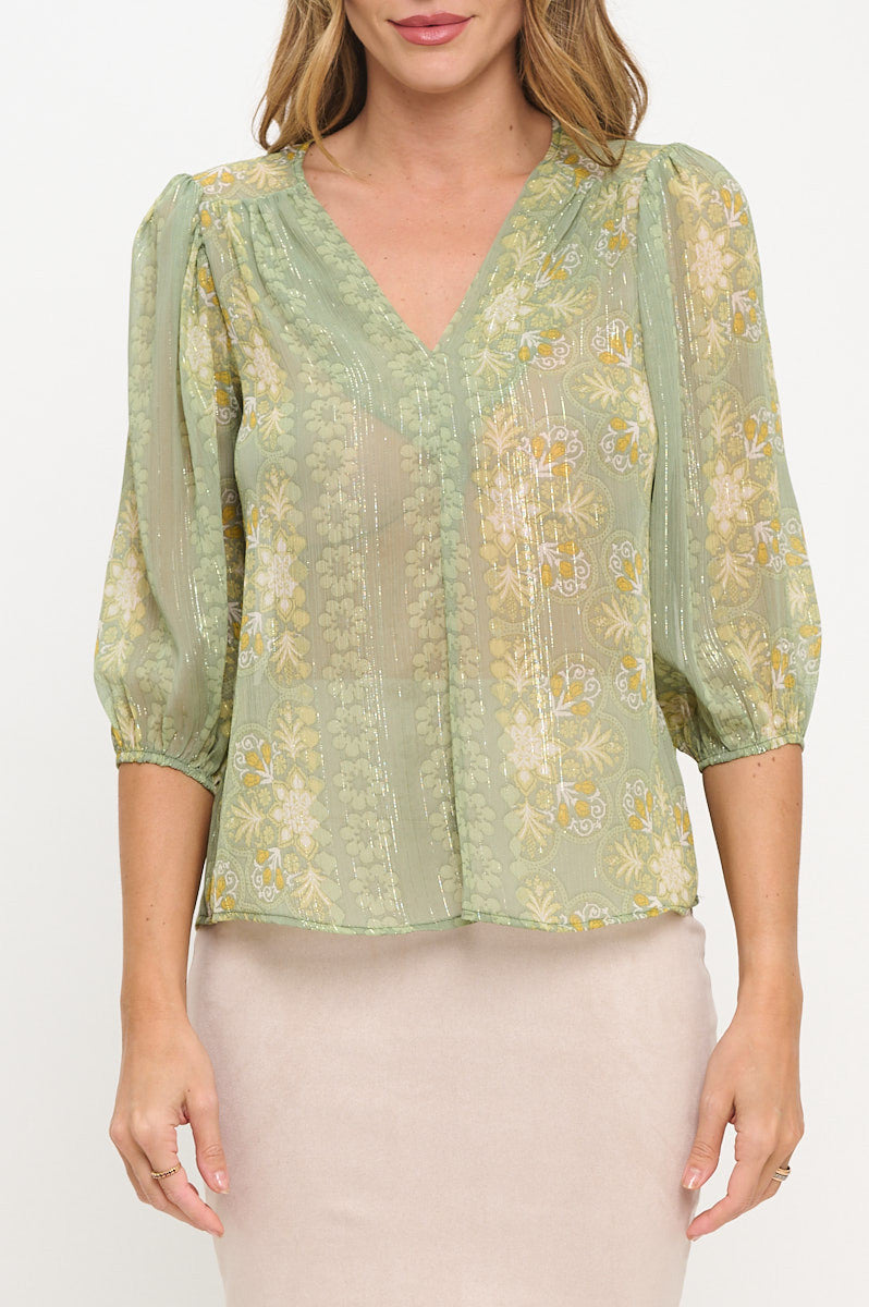 Floral Print Semi Sheer V neck Top-1