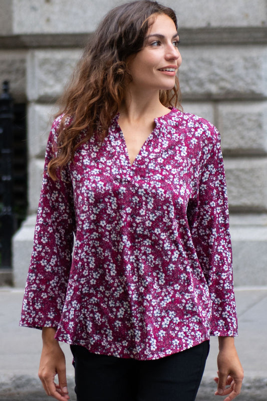 Elie Floral Blouse V-Neck Long Sleeve Button Front Casual Chic-1