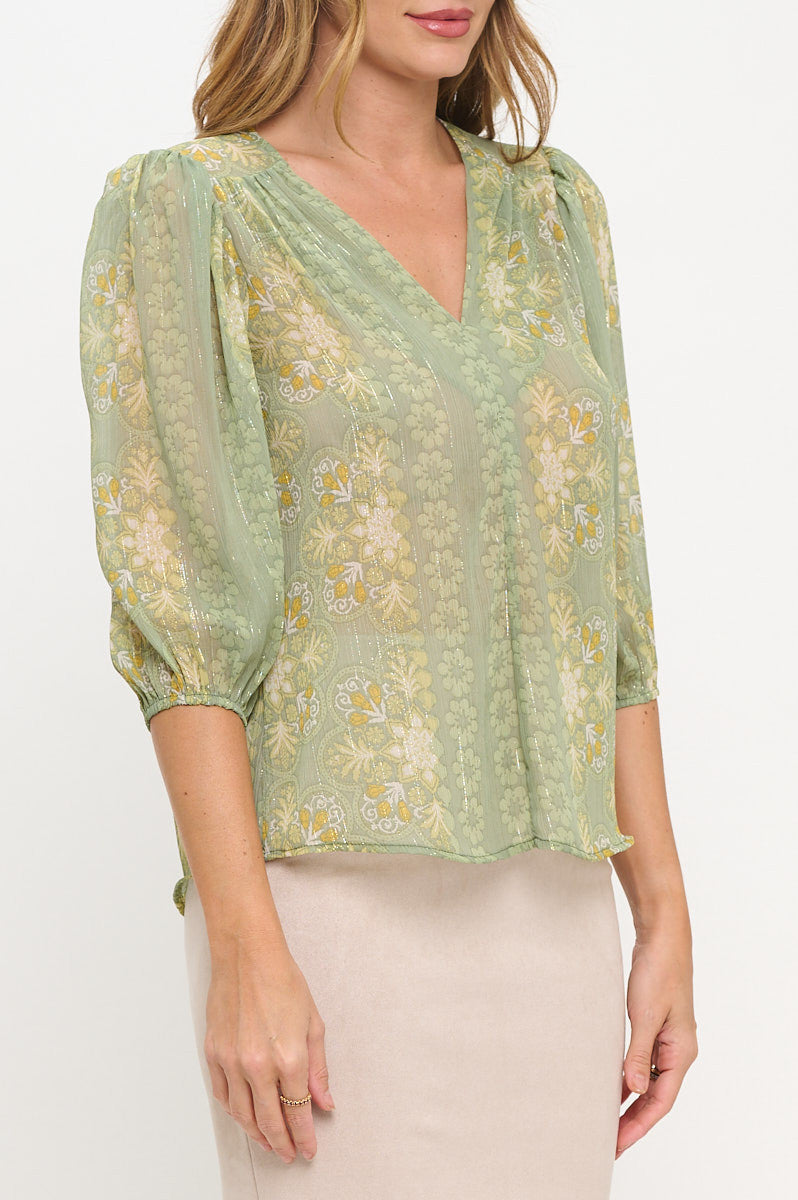 Floral Print Semi Sheer V neck Top-2