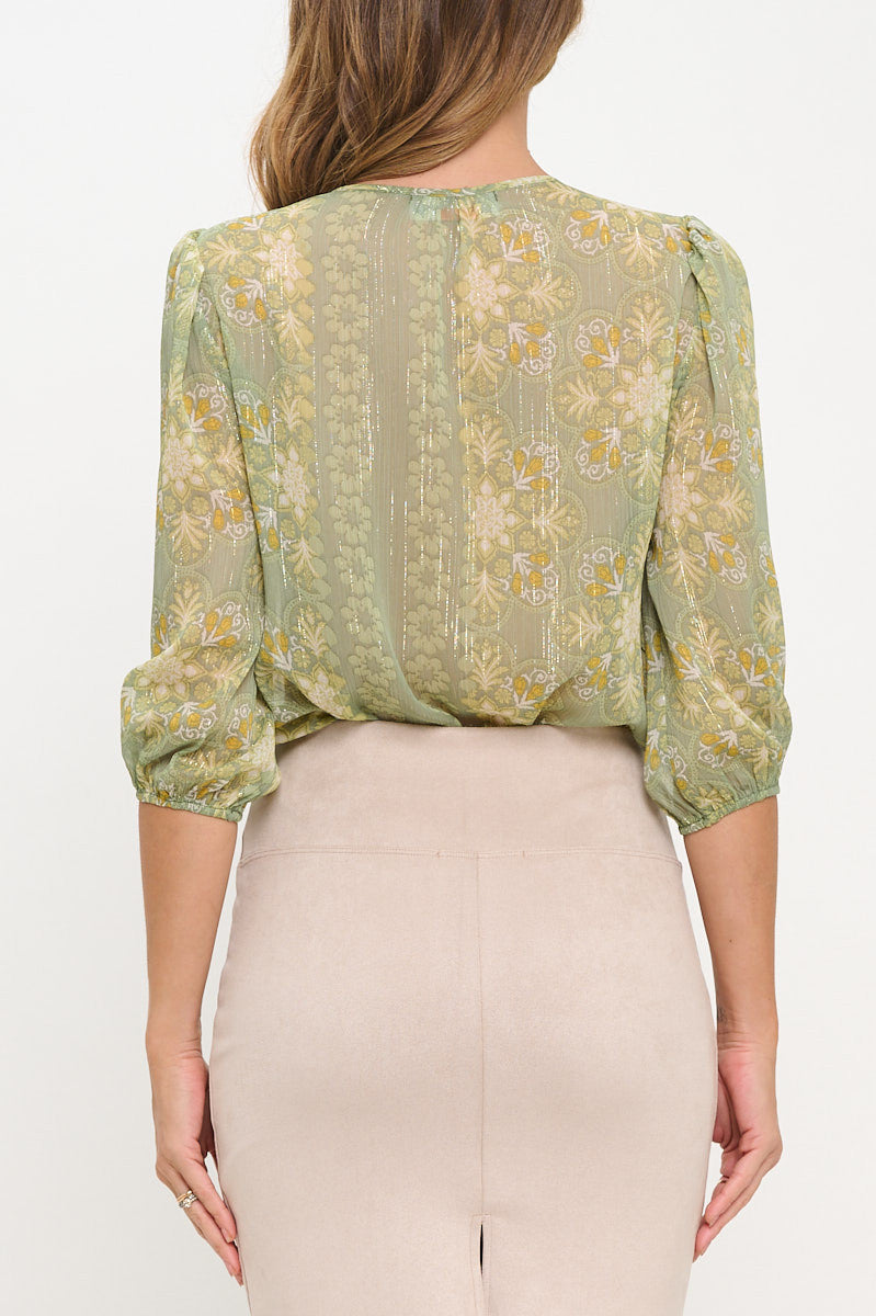 Floral Print Semi Sheer V neck Top-3